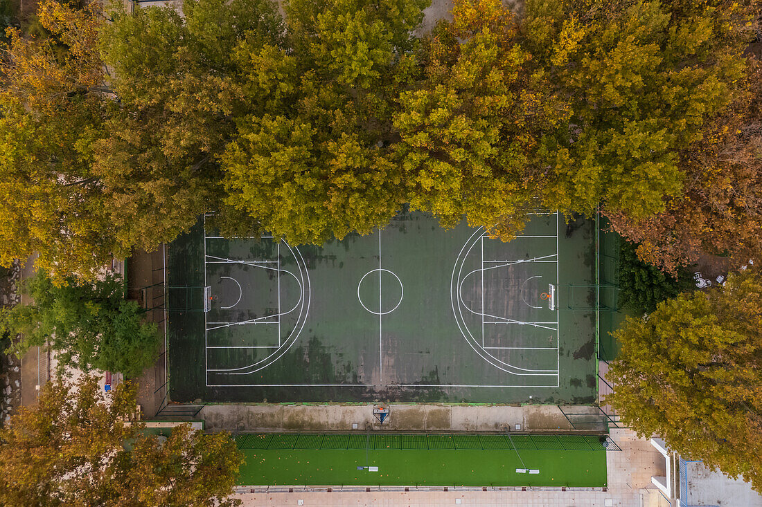 Vertikale Luftaufnahme eines von Bäumen umgebenen Basketballplatzes