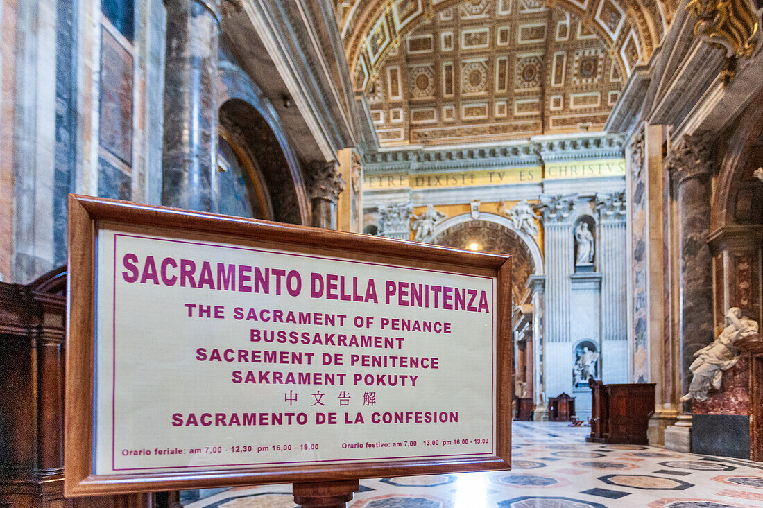 Rome, Italy, July 22 2017, Close up of the Sacrament of Penance sign within a grand interior.