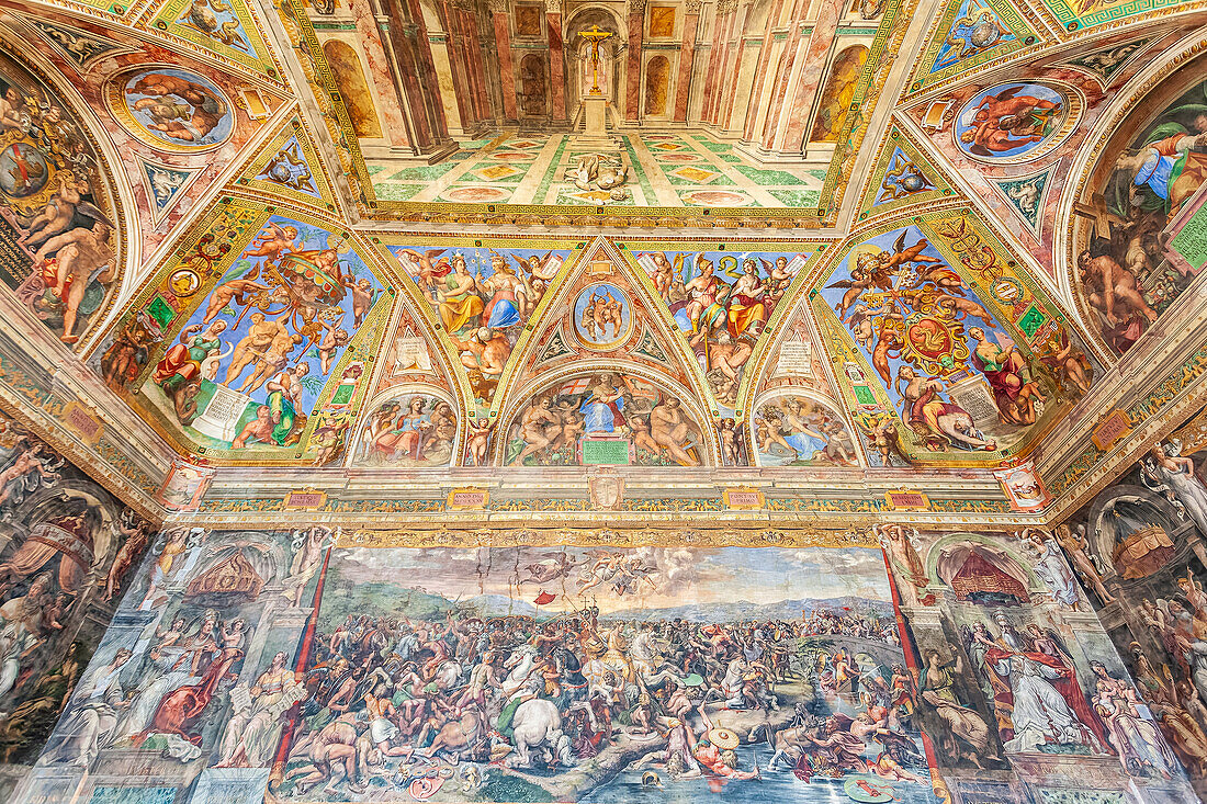 Rome, Italy, July 22 2017, The Room of Constantine depicts the battle against Maxentius in vibrant frescoes, showcasing pivotal historical moments in Rome.