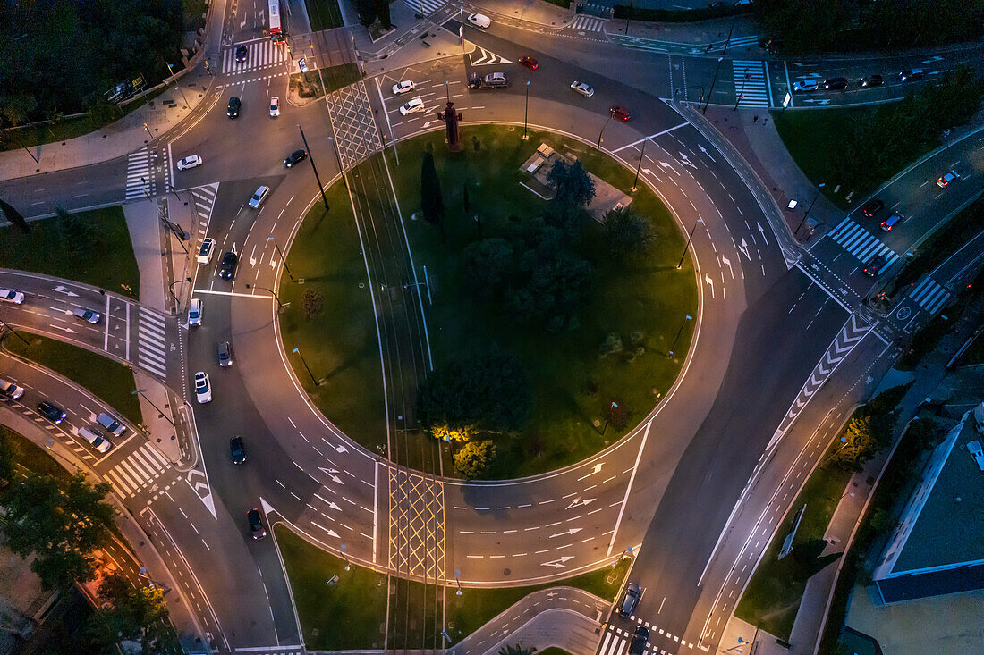 Aerial view of an illuminated roundabout at night, Zaragoza, Spain