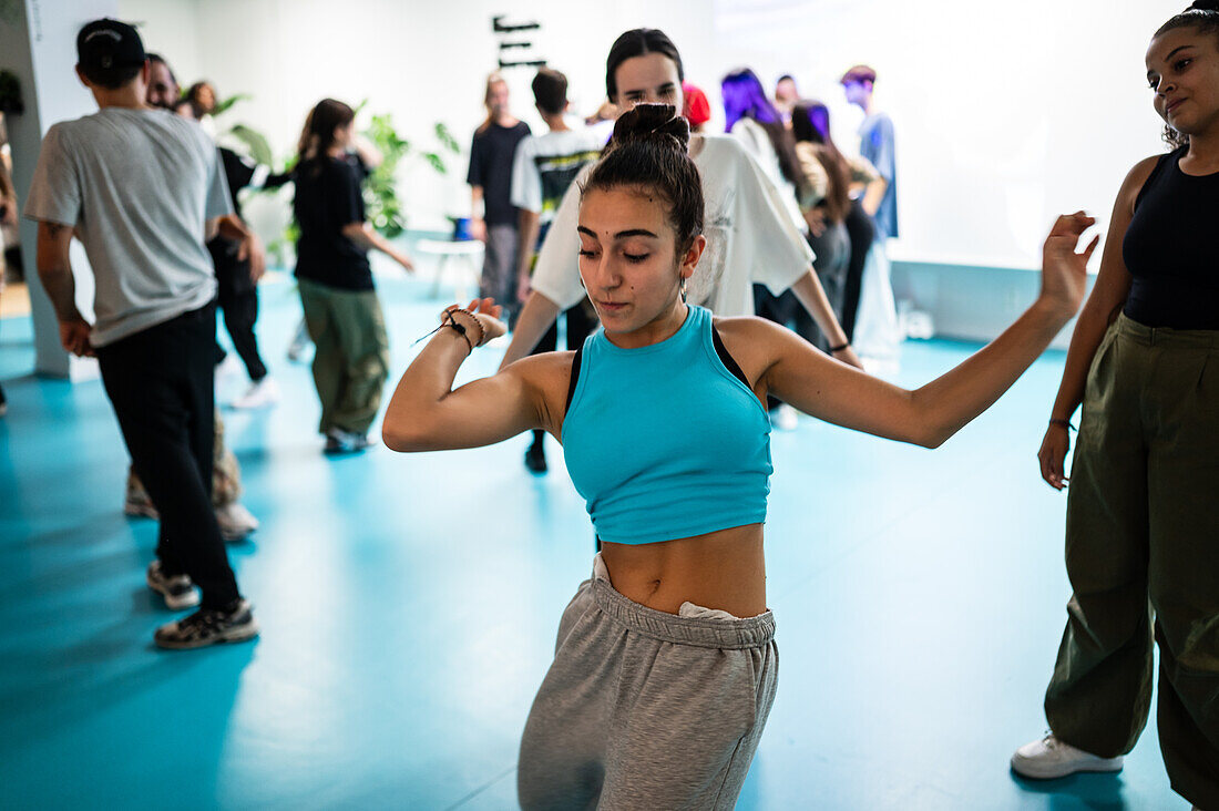 Young dancers meet and share in the context of the MAF Battle event, urban and street dance event in Zaragoza, Spain