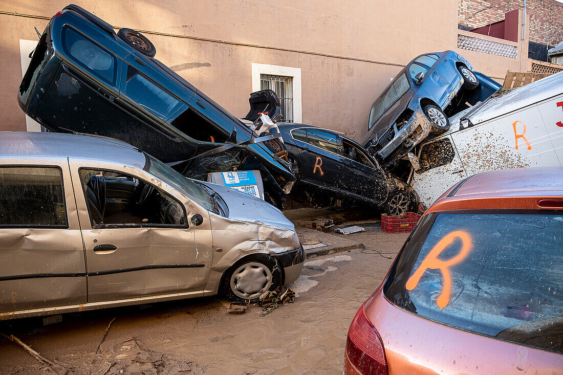 Effects of the DANA floods of October 29, 2024, in Ausias March street, Alfafar, Comunidad de Valencia, Spain