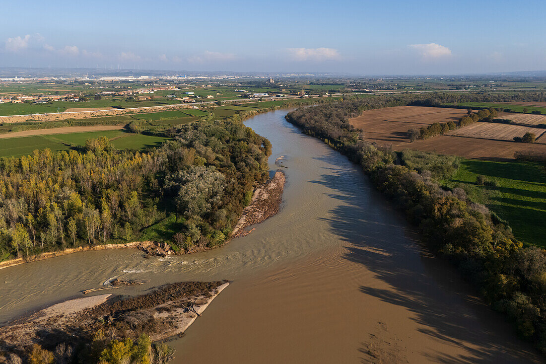 Aerial view of the mouth of the Gallego River into the Ebro River, Zaragoza, Spain