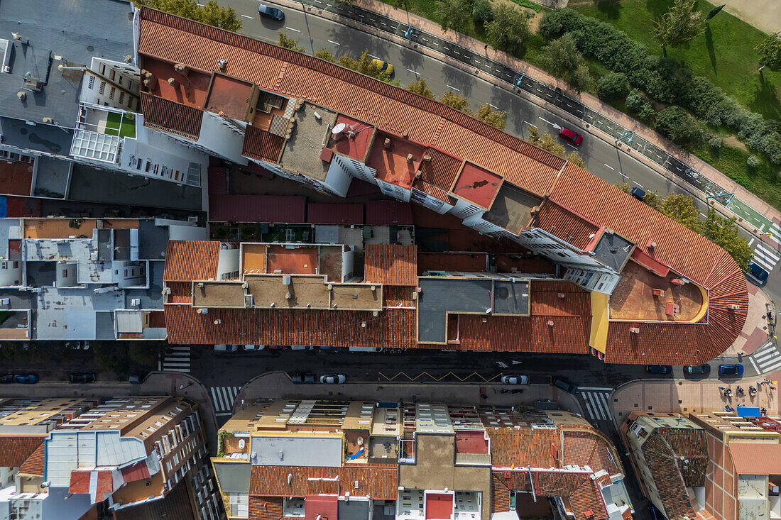 Aerial view of a residential building shaped as a V