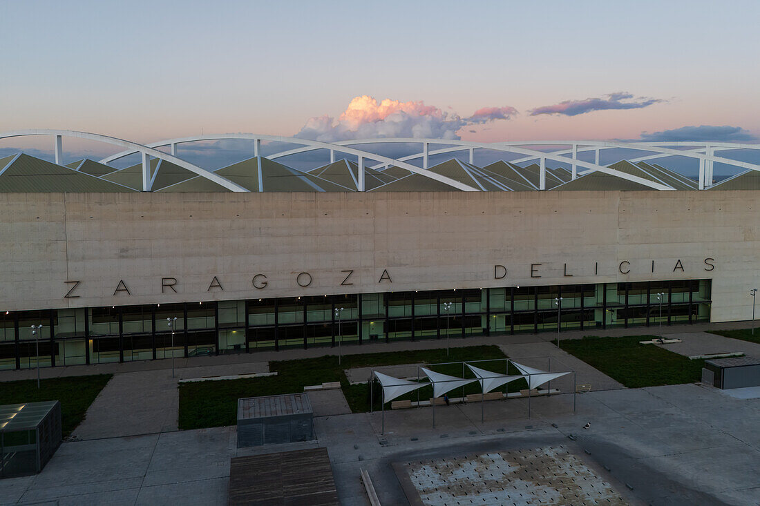 Aerial view of Zaragoza–Delicias railway and central bus station at sunset