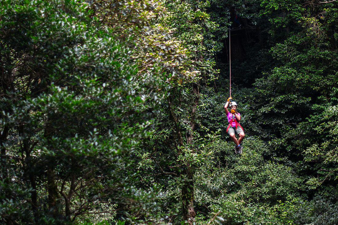 Young caucasian woman having fun during a Canopy tour in Costa Rica