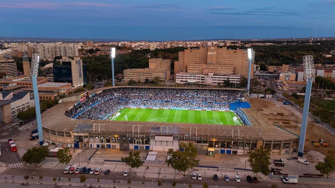 Aerial view of the Romareda soccer stadium during a Real Zaragoza match against UD Almeria