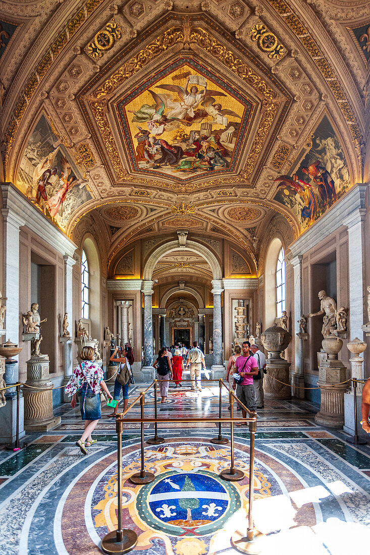 Rome, Italy, July 22 2017, Beautiful ceiling and artwork in the Pio Clementino Museum's gallery.