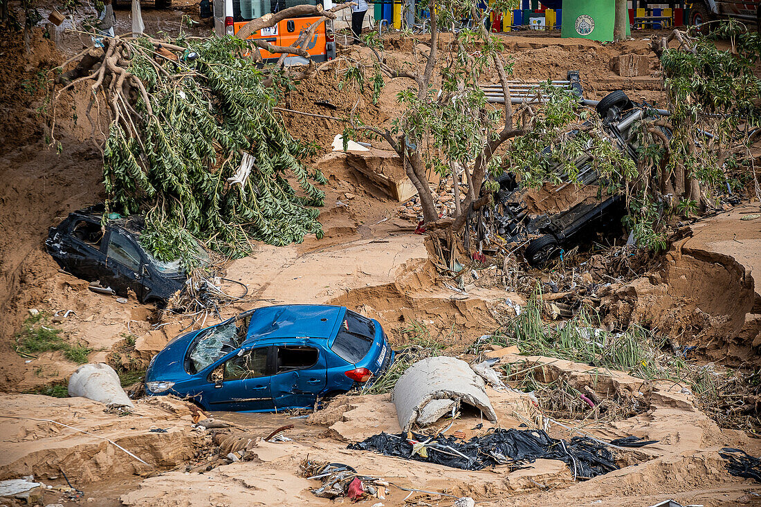 Effects of the DANA floods of October 29, 2024, in Rambla del Poyo or barranco del Poyo, Paiporta, Comunidad de Valencia, Spain