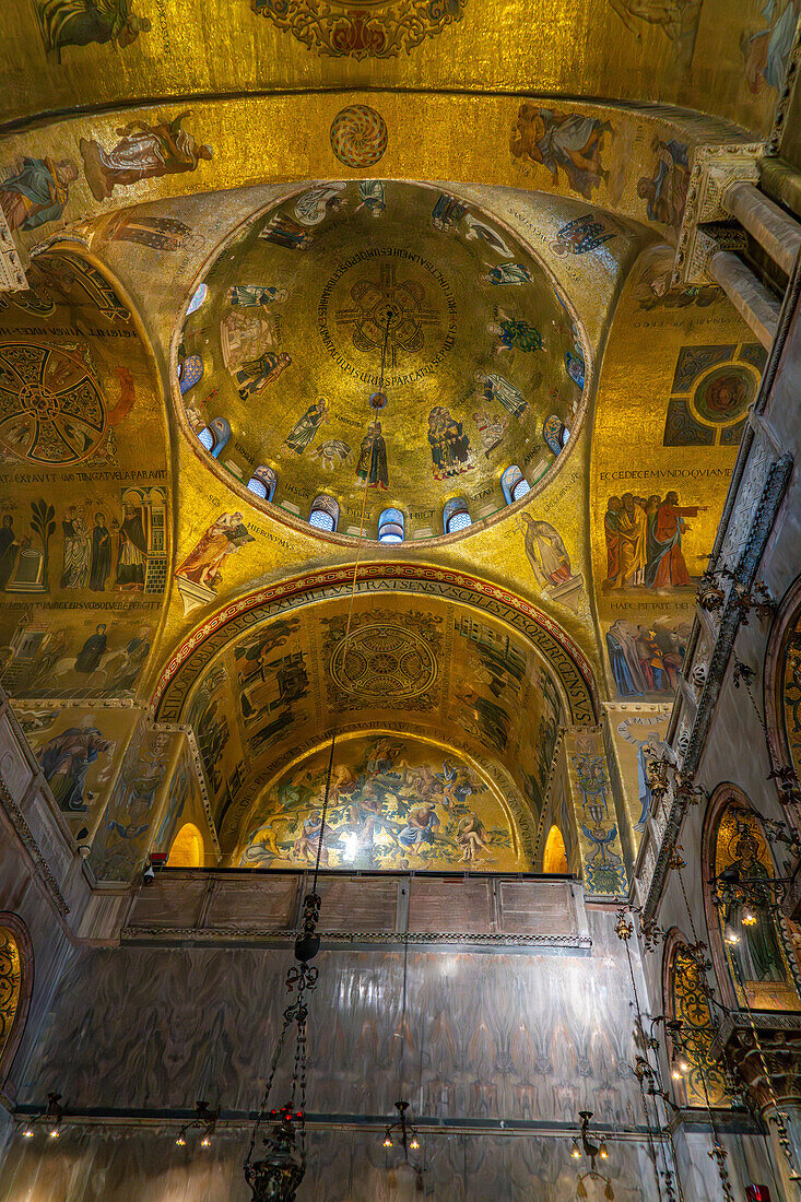 A gold mosaic depicting the Ascension of Christ on the crossing cupola, St. Mark's Basilica, Venice, Italy. Circa 1175-1200 A.D.