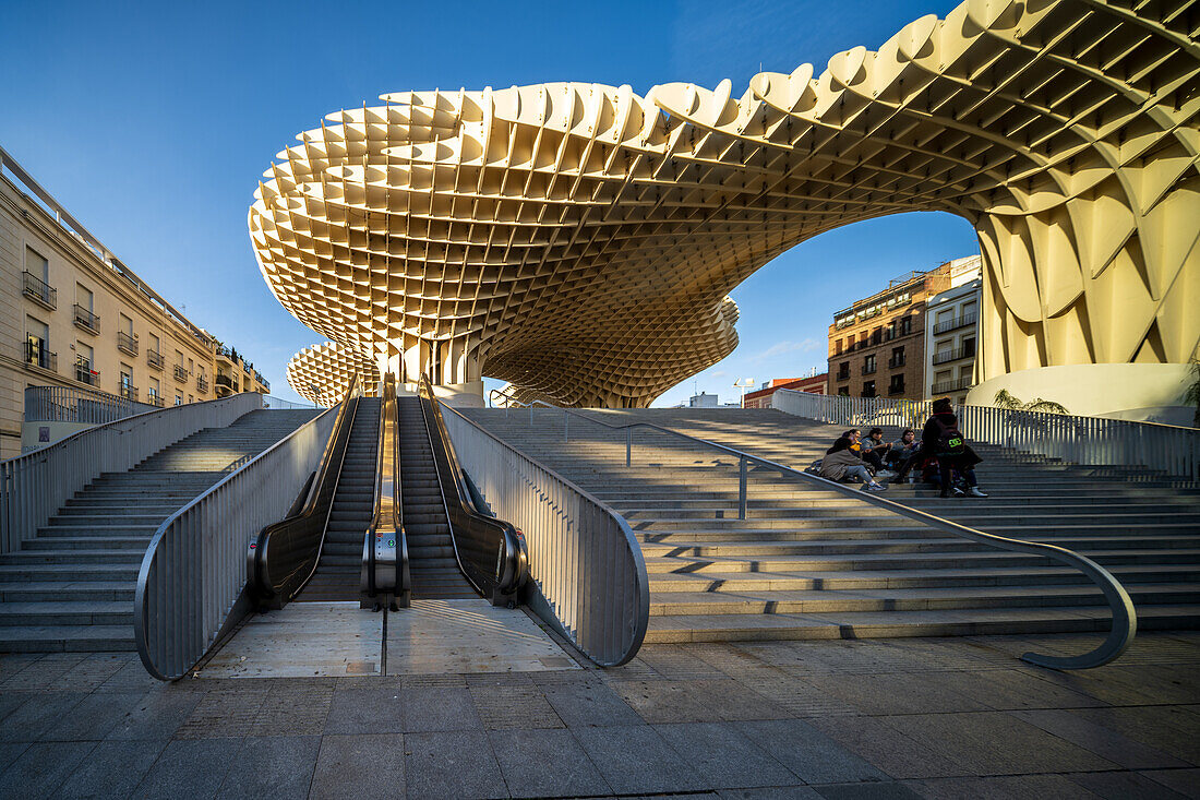 Seville, Spain, Jan 28 2021, Captivating view of Las Setas, a modern architectural masterpiece in Seville, Spain. The structure's intricate design is highlighted by a clear blue sky.