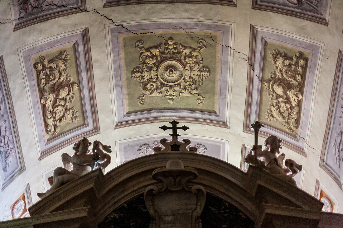 Rome, Italy, July 2017, Admire the detailed ceiling of the entrance hall at Santa Maria Sopra Minerva Basilica, showcasing stunning architectural artistry in Rome.