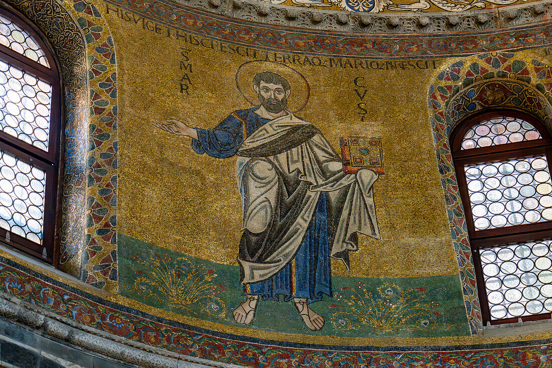 A gold mosaic of St. Mark in the main apse of St. Mark's Basilica in Venice, Italy. Circa 1100 A.D.