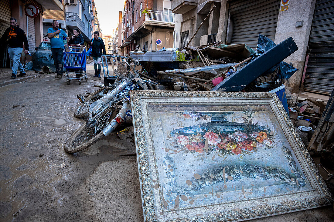 Materials destroyed by water. Effects of the DANA floods of October 29, 2024, in Ausias March street, Alfafar, Comunidad de Valencia, Spain