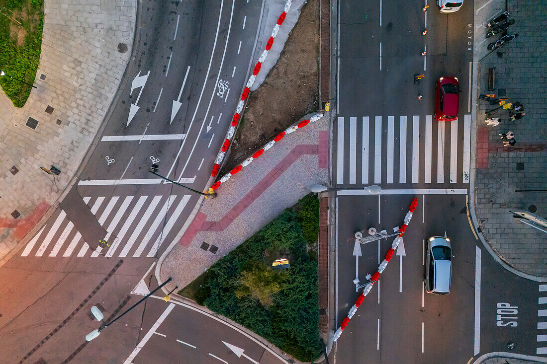 Aerial view of construction works in a city road of Zaragoza, Spain