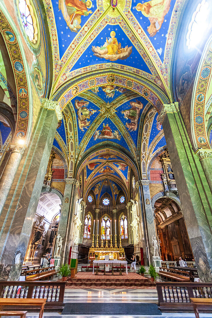 Rome, Italy, July 2017, The vibrant ceiling and main nave of Santa Maria Sopra Minerva Basilica showcase intricate artistry and architectural beauty in Rome.