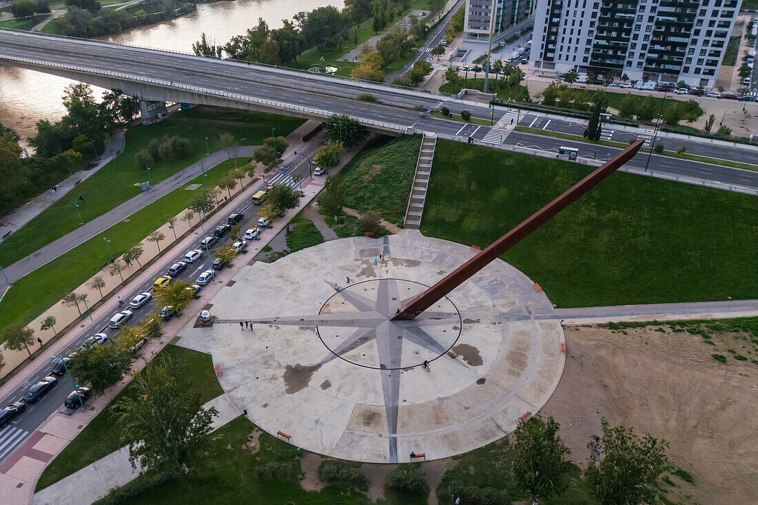 Aerial view of Multicaja-Zaragoza sundial, the largest sundial in the world, Zaragoza, Spain