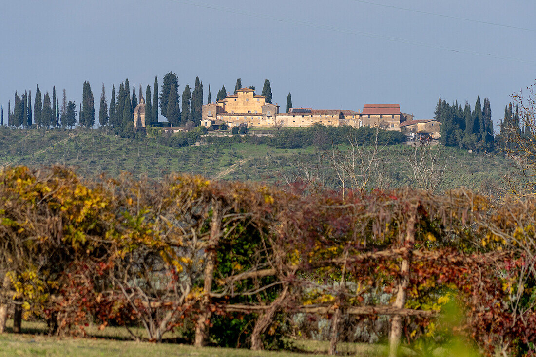 View of a small hilltop farming estate near Taverna di Bibbiano in Sienna, Italy.