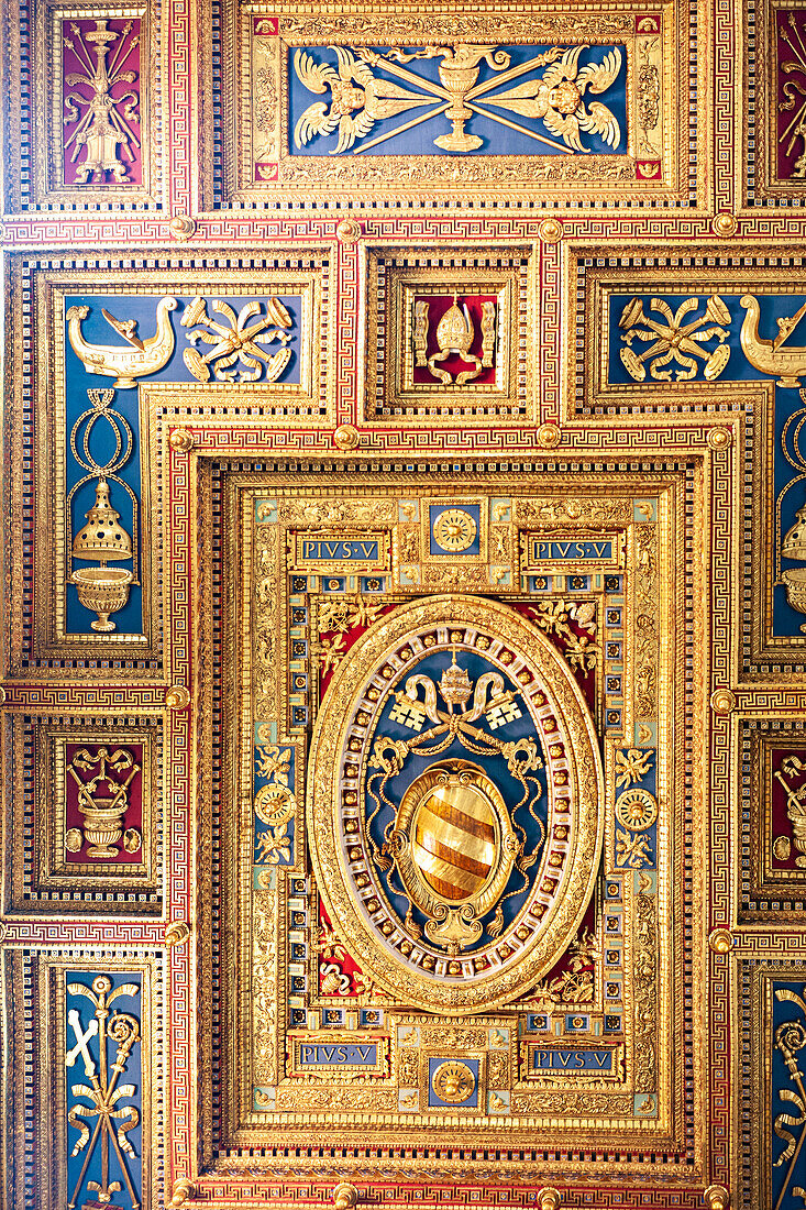 Rome, Italy, July 22 2017, Ornate ceiling of St. John in Lateran featuring Pope Pius V badge.