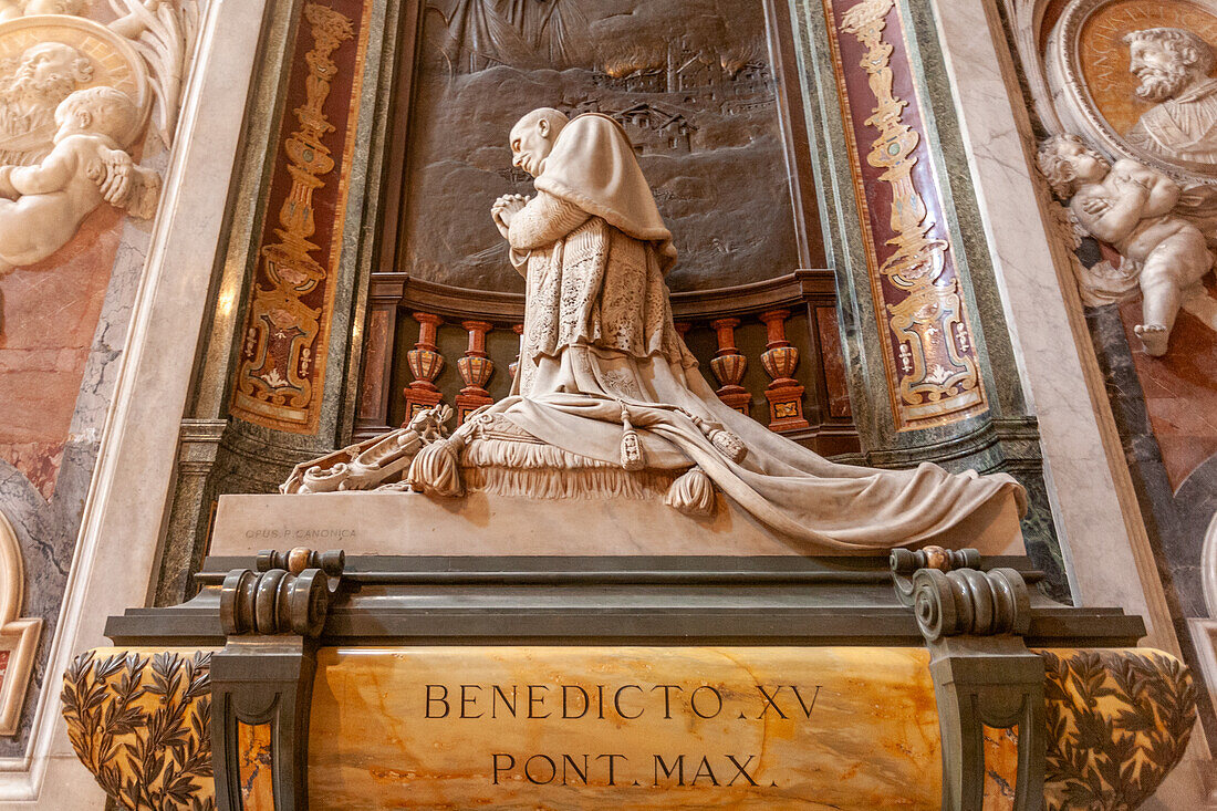 Rome, Italy, July 22 2017, Pope Benedict XV's monument by Pietro Canonica is a prominent, intricately detailed piece in Saint Peter's Basilica, Rome.