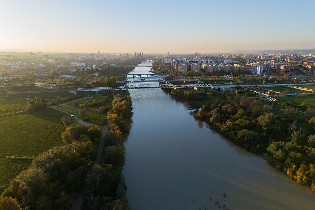 Aerial view of the Ebro River passing by La Alfranca area in Zaragoza, Spain