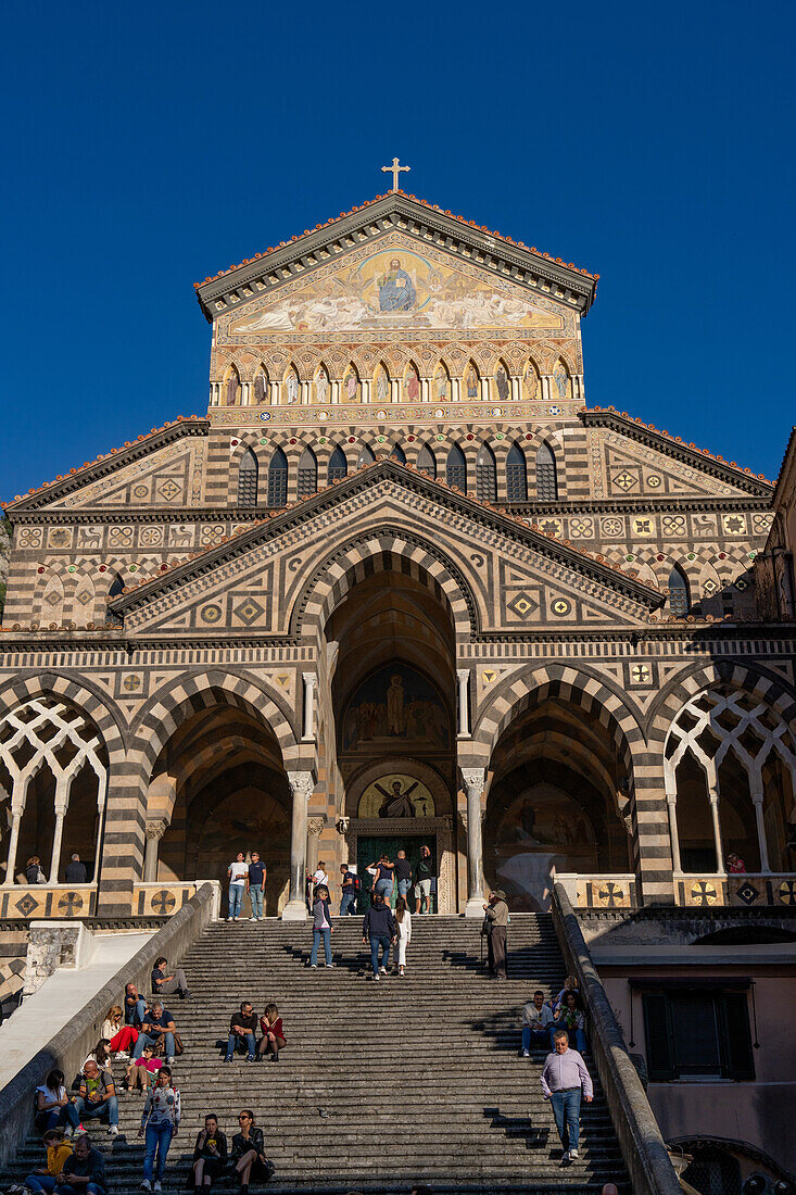 The facade of the Duomo of Amalfi, the Cathedral of St. Andrew, in Amalfi, Italy.