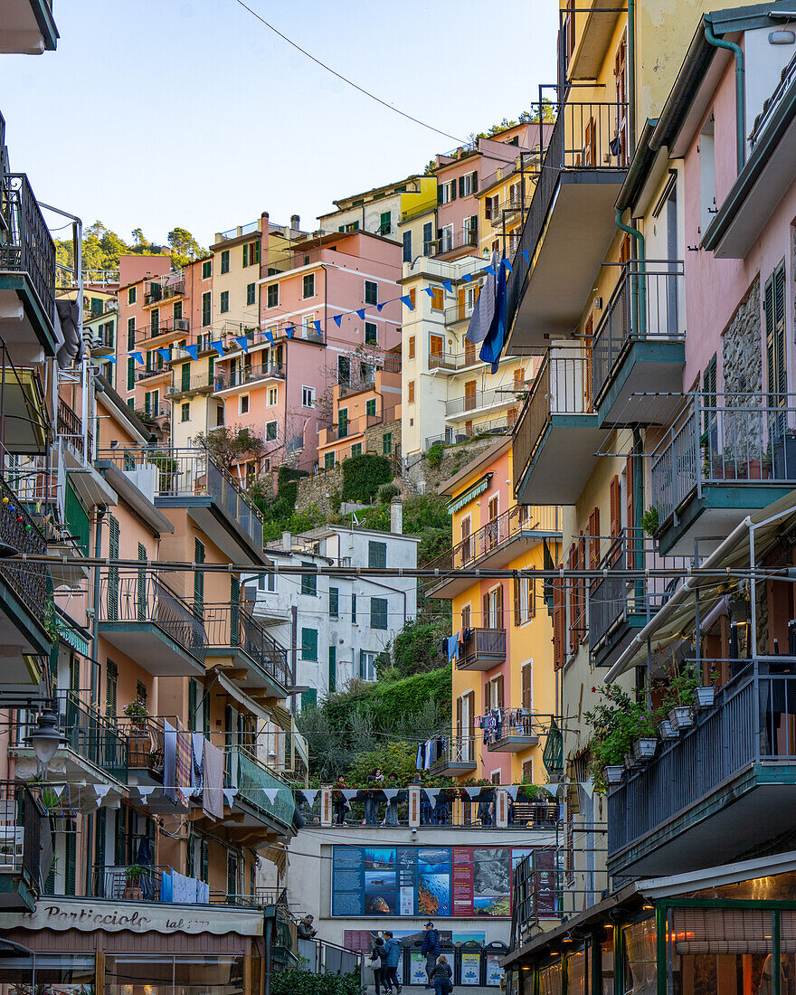 Farbenfrohe traditionelle Architektur in der Stadt Manarola in den Cinque Terre, Italien.