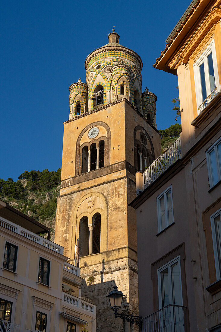 The 12th Century Arab-Norman-style bell tower of the Amalfi Duomo in Amalfi, Italy.