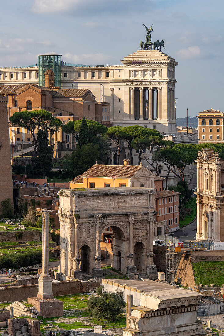 Arch of Septimius Severus in the Roman Forum in the Colosseum Archaeological Park. Rome, Italy.