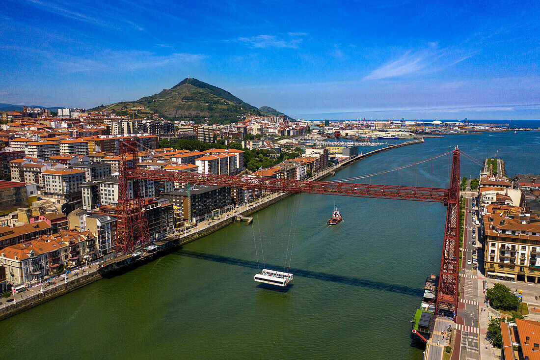 Aerial view of Vizcaya Bridge, a transporter bridge that links the towns of Portugalete and Getxo, Bilbao province, Basque Country, Euskadi, Spain.