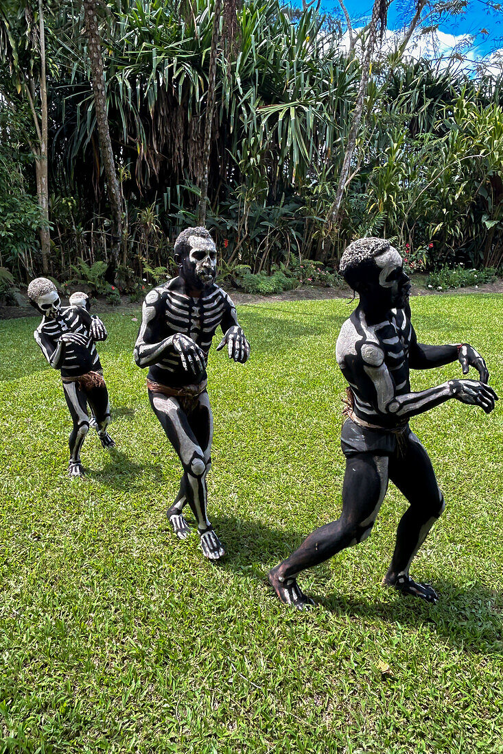 The Skeleton Men from the Omo Bugamo tribe of Papua New Guinea paint their bodies with black and white paint emulating the human skeleton, Chimbu Province, Papua New Guinea