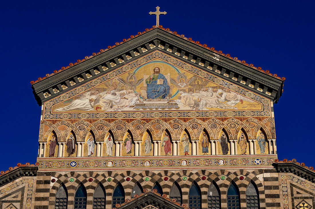 Mosaic art on the facade of the Duomo of Amalfi, the Cathedral of St. Andrew, in Amalfi, Italy.