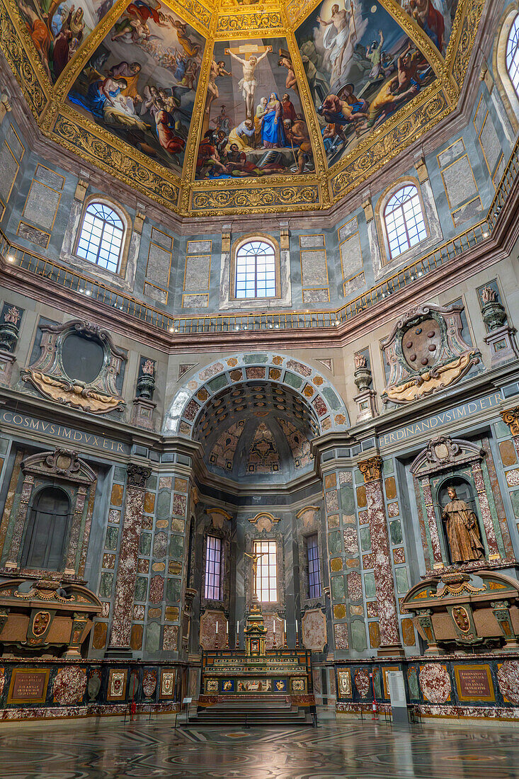 The altar and adjacent tombs in the Chapel of the Princes in the Medici Chapel Museum in Florence, Italy.