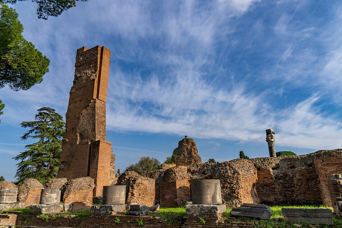 Ruins of the Domus Flavius or Flavian Palace on Palatine Hill in the Colosseum Archaeological Park. Rome, Italy.