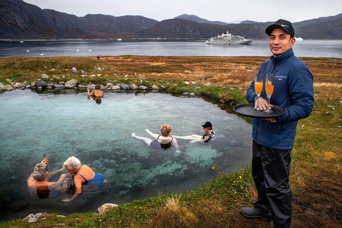 Uunartoq Island Hot Springs, greenland thermal pool or hot springs resulting from geothermal energy; Uunartoq Island, Southern Greenland, Europe. Greenland landscape