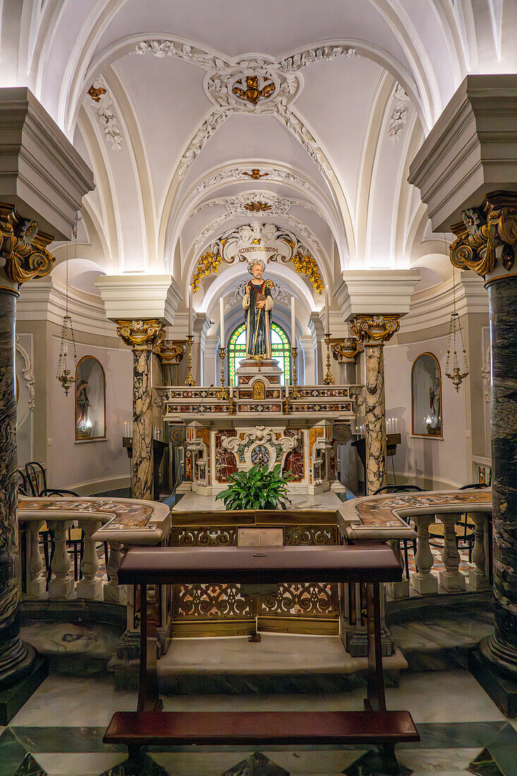 Statue & tomb of Sant'Antonino in the crypt of the Basilica of Sant'Antonino, Sorrento, Italy.