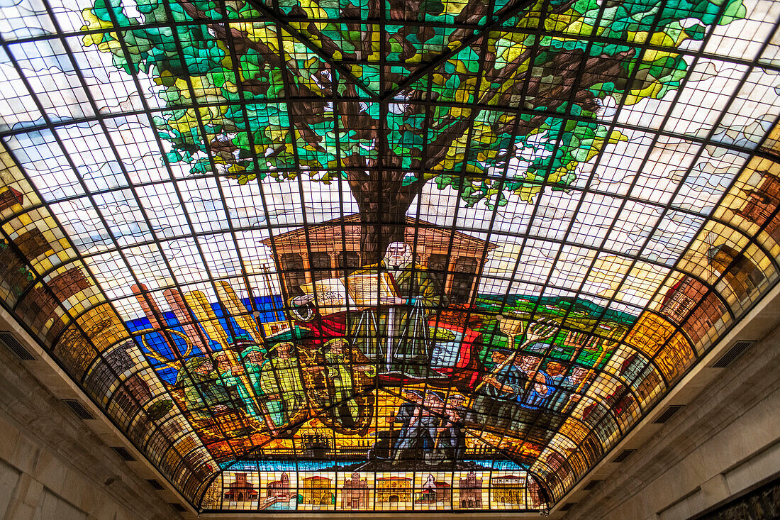 The Tree of Gernika stained glass ceiling in the Assembly House Casa de las Juntas, Gernika Guernica, Basque Country, Spain