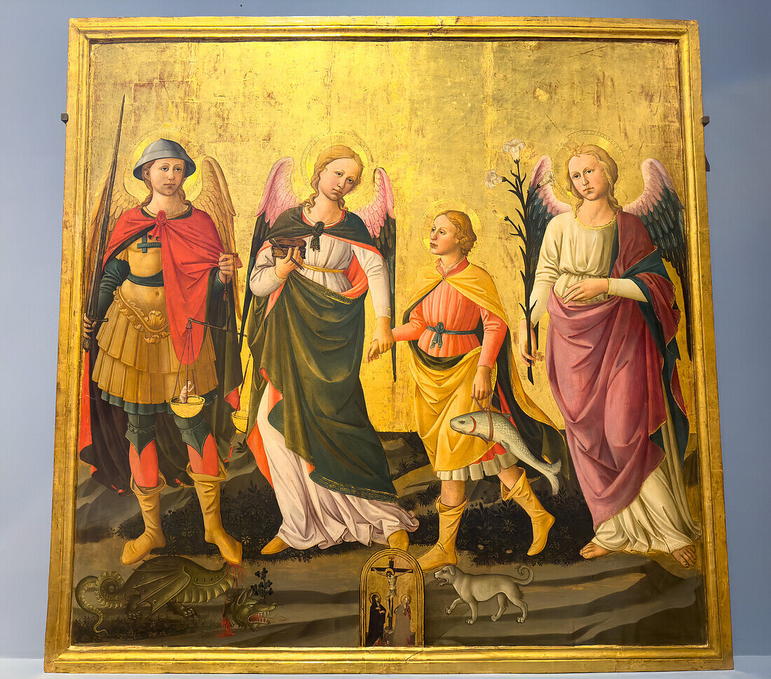 Drei Erzengel und Tobias von Domenico di Michelino in der Accademia-Galerie in Florenz, Italien. Um 1470.