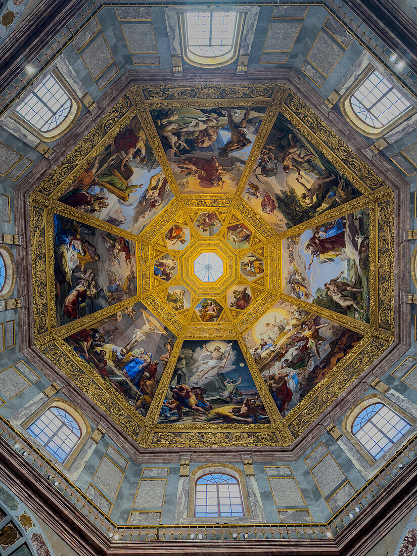 The cupola inside the dome of the Chapel of the Princes in the Medici Chapel Museum in Florence, Italy.