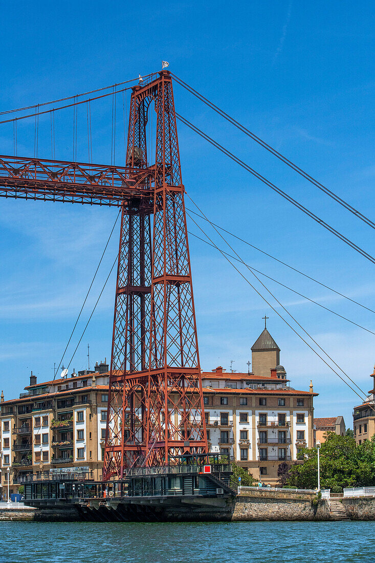 Vizcaya Bridge, a transporter bridge that links the towns of Portugalete and Getxo, Bilbao province, Basque Country, Euskadi, Spain.