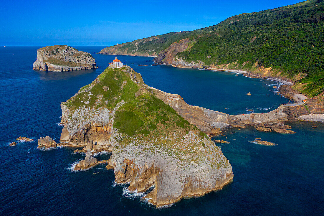 San Juan de Gaztelugatxe, Dragon-stone in Game of Thrones, bridge and stone stairs, Bermeo, Basque Country, Euskadi, Euskaerria, Spain.