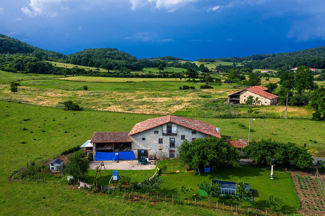 Typical borda caserio basque farmhouse houses in Abornicano, Alava, Araba Euskal herria, Euskadi Spain.