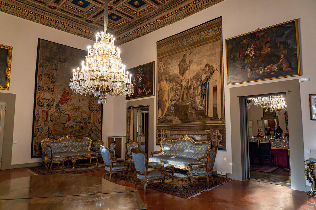 Renaissance furniture & tapestries in the Palazzo Medici Riccardi, Florence, Italy.