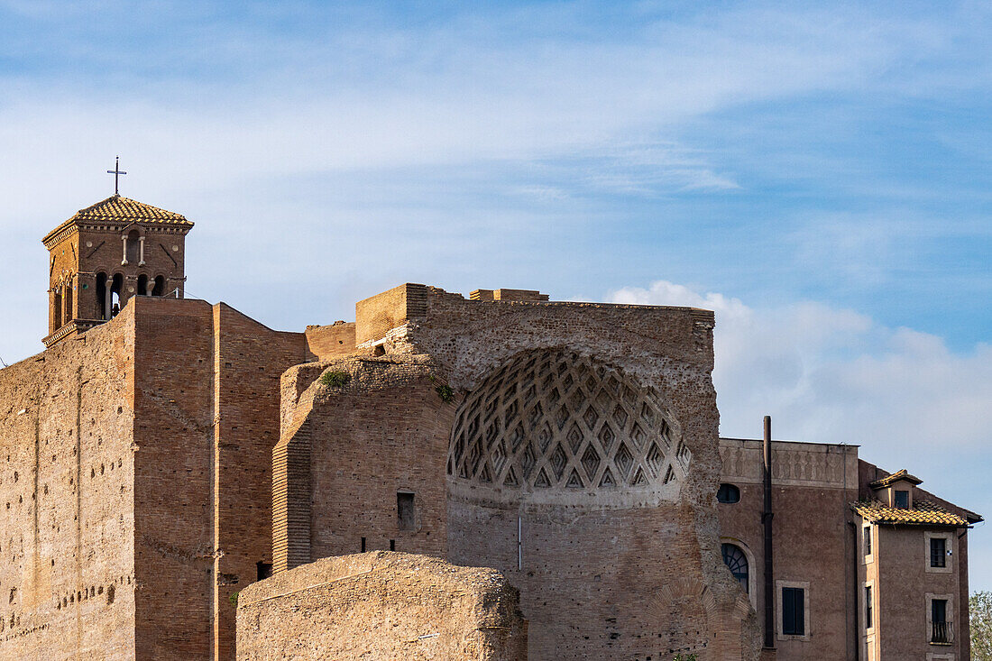 The ancient Roman Temple of Venus and Roma in the Colosseum Archaeological Park in Rome, Italy. Now part of the Basilica of Santa Francesa Romana.