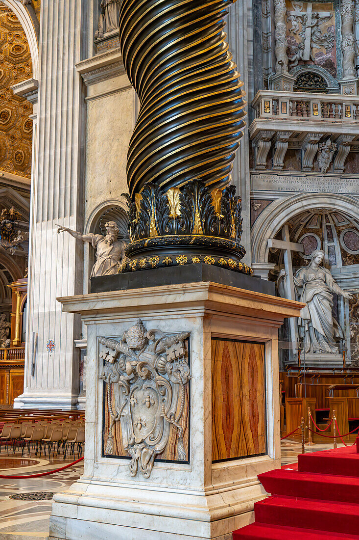 Coat of arms of Pope Urban VIII on Bernini's Baldachin in St. Peter's Basilica, Vatican City, Rome, Italy.