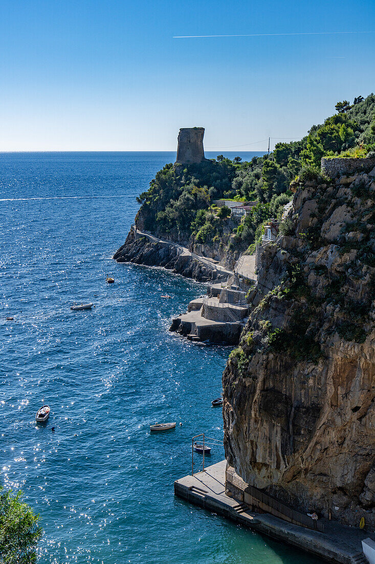 The Torre a Mare, a Saracen tower by Marina di Praia, a resort area in the commune of Praiano on the Amalfi Coast of Italy.