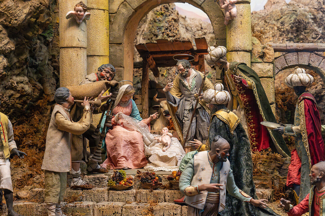 A presepe or Neapolitan creche or nativity scene in the Cathedral of Saints Phililp and James in Sorrento, Italy.