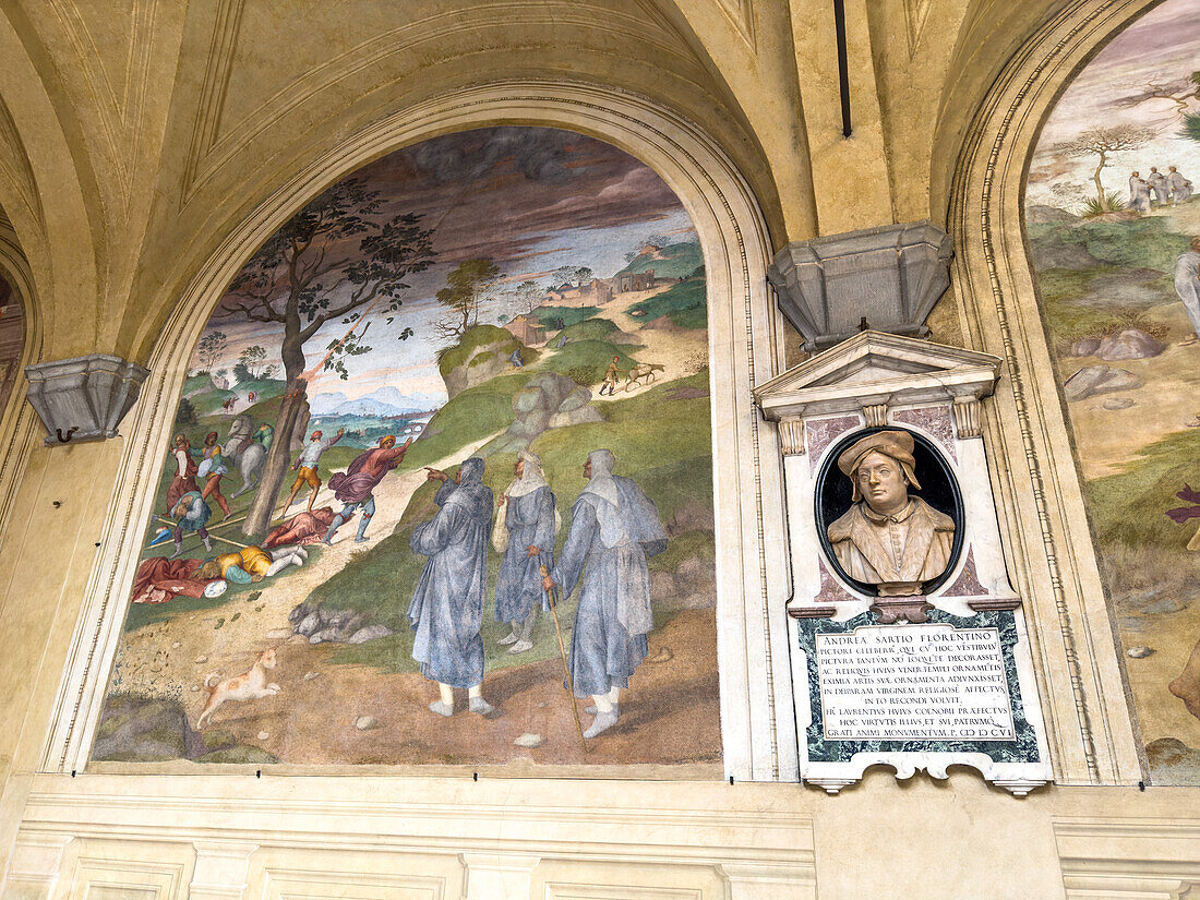 Fresken und Büste von Andrea del Sarto im Voti-Kreuzgang der Basilica della Santissima Annunziata in Florenz, Italien. Andrea del Sarto malte die Fresken im Kreuzgang zwischen 1509 und 1514.