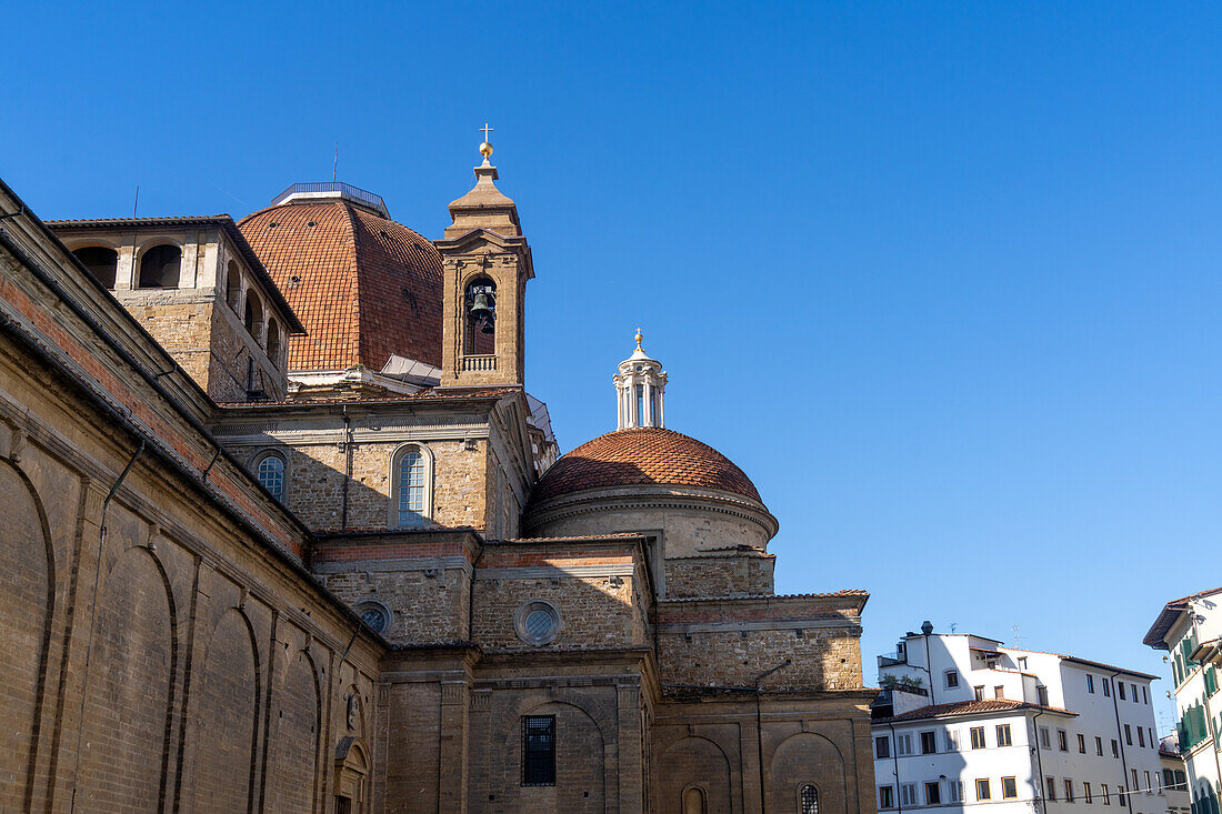 The domes of the Medici Chapel & bell tower of the Basilica di San Lorenzo in Florence, Italy.