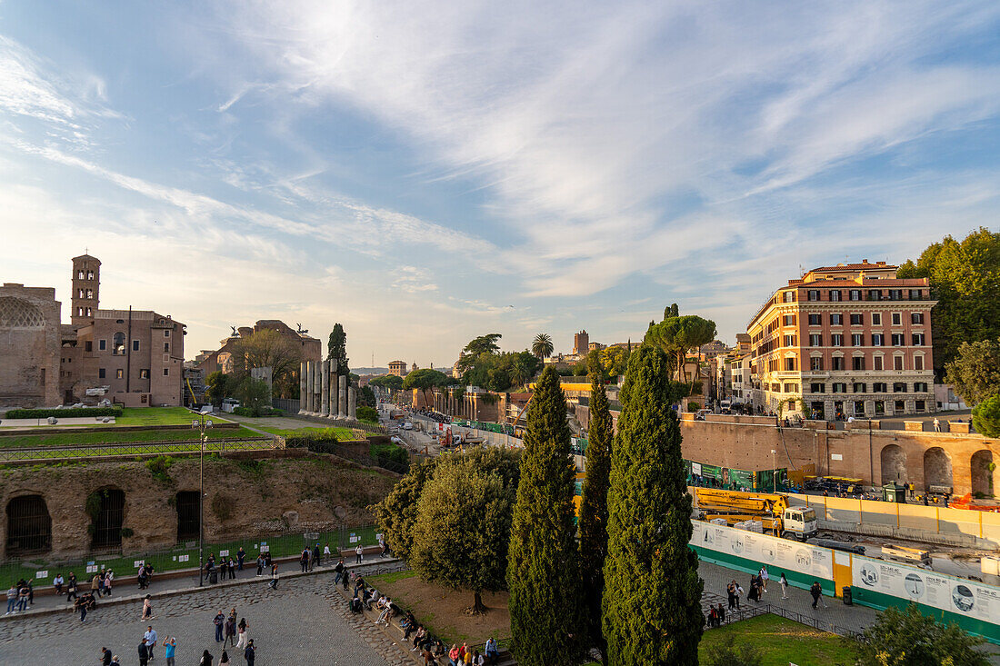 City of Rome and the Colosseum Archaeological Park, looking north from the Colosseum. The Temple of Venus and Roma & the Basilica of Santa Francesca Romana is at left.